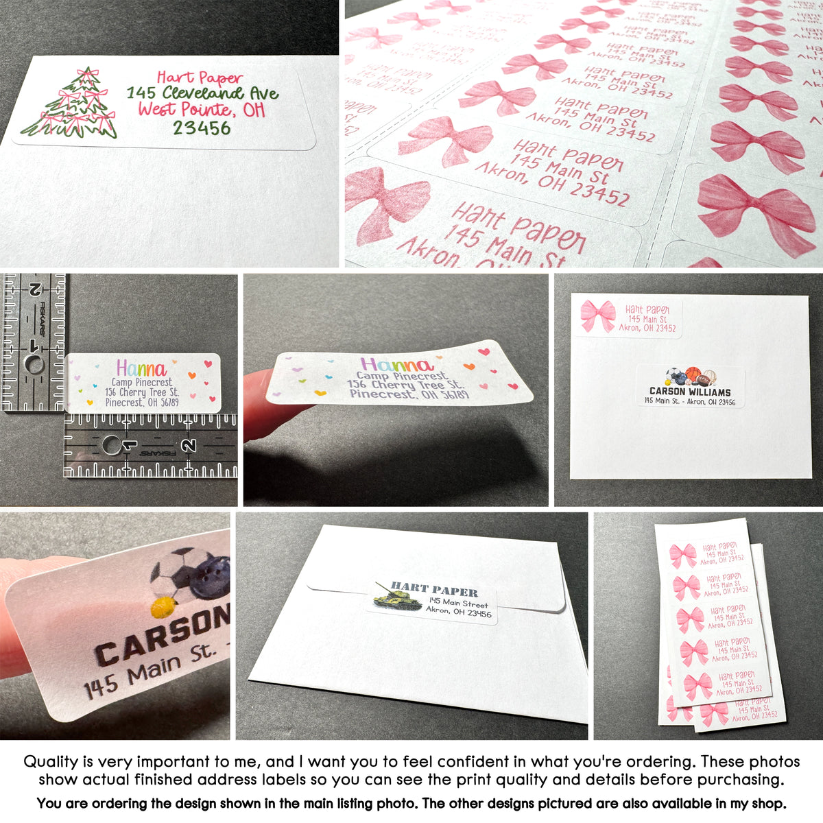 The image is a collage of various address labels and envelopes, showcasing the quality and details of the printed labels. The photos display the print quality and details before purchasing, allowing the viewer to feel confident in their order. The collage includes images of finished labels, labels with different designs, and labels with additional details. The text in the image emphasizes the importance of seeing the print quality and details before making a purchase.