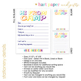 Rainbow Hi from Camp Summer Camping Note Cards Stationery • Fill in Blank, Lined or Blank Cards