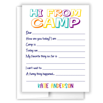 Rainbow Hi from Camp Summer Camping Note Cards Stationery • Fill in Blank, Lined or Blank Cards