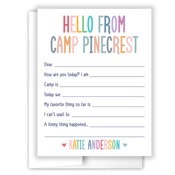 Rainbow Hello from Camp Summer Camping Note Cards Stationery • Fill in Blank, Lined or Blank Cards