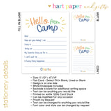 Rainbow Hello from Camp Summer Camping Note Cards Stationery • Fill in Blank, Lined or Blank Cards