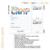 Rainbow Tie Dye Summer Camp Camping Note Cards Stationery • Fill in Blank, Lined or Blank Cards