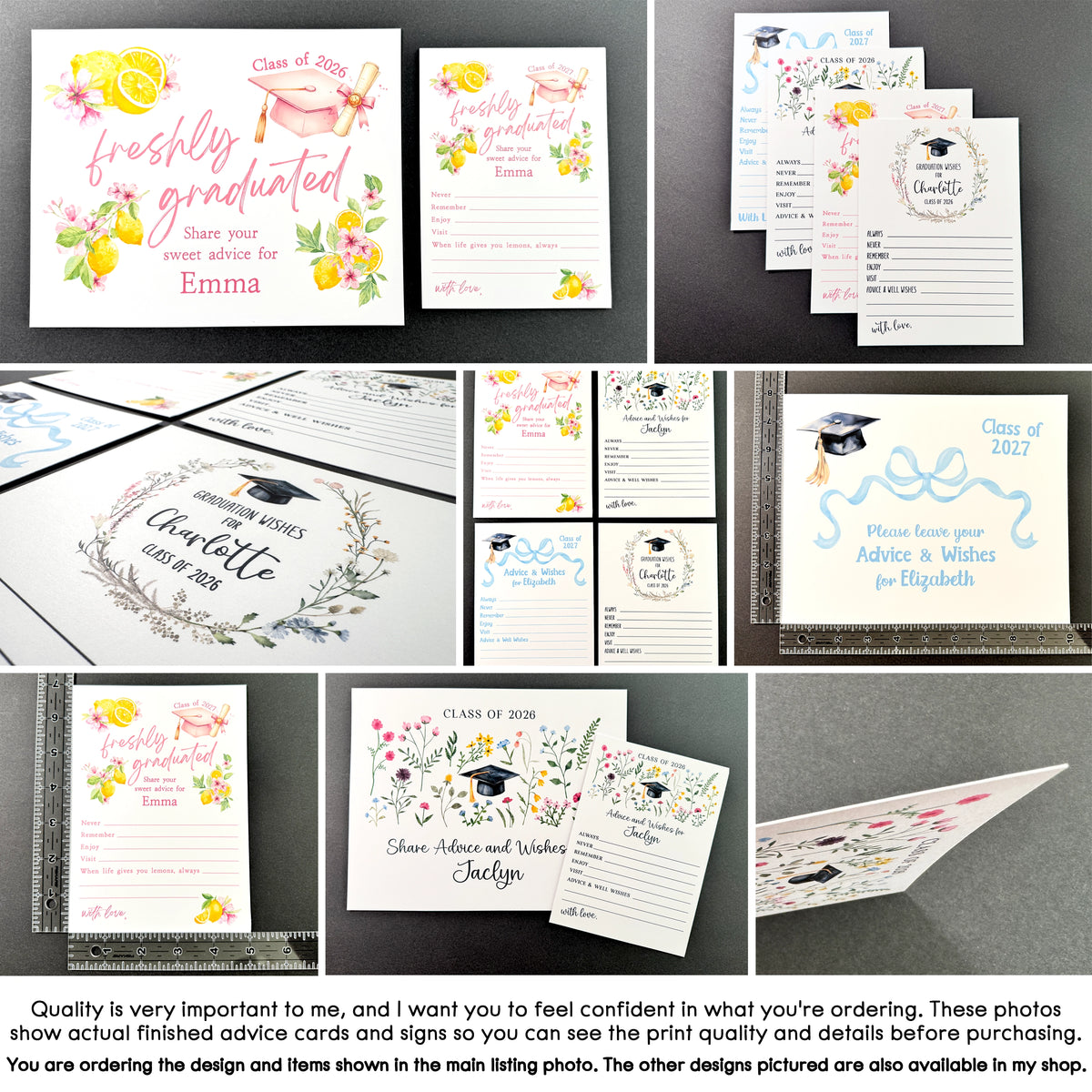 The image is a collage of various graduation-related items, including advice cards, signs, and a graduation cap. The photos showcase the quality and details of these items, allowing the viewer to confidently select the desired design and items for their graduation celebration.
