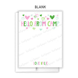 Green Pink Hello from Camp Summer Camping Note Cards Stationery • Fill in Blank, Lined or Blank Cards