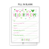 Green Pink Hello from Camp Summer Camping Note Cards Stationery • Fill in Blank, Lined or Blank Cards