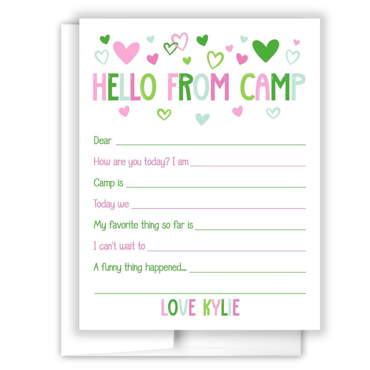 Green Pink Hello from Camp Summer Camping Note Cards Stationery Custom Personalized • Fill in Blank, Lined or Blank Cards