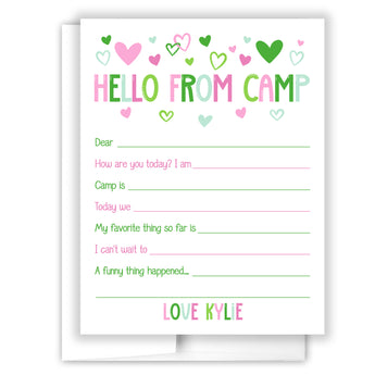 Green Pink Hello from Camp Summer Camping Note Cards Stationery • Fill in Blank, Lined or Blank Cards