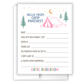 Pink Tent Summer Camp Camping Note Cards Stationery • Fill in Blank, Lined or Blank Cards