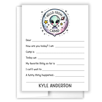 Alien Space Hello Camp Summer Camping Note Cards Stationery • Fill in Blank, Lined or Blank Cards