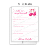 Pink Cherry Bow Coquette Summer Camp Camping Note Cards Stationery • Fill in Blank, Lined or Blank Cards