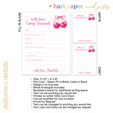 Pink Cherry Bow Coquette Summer Camp Camping Note Cards Stationery • Fill in Blank, Lined or Blank Cards