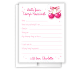 Pink Cherry Bow Coquette Summer Camp Camping Note Cards Stationery • Fill in Blank, Lined or Blank Cards