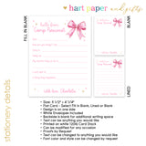 Pink Bow Coquette Summer Camp Camping Note Cards Stationery • Fill in Blank, Lined or Blank Cards