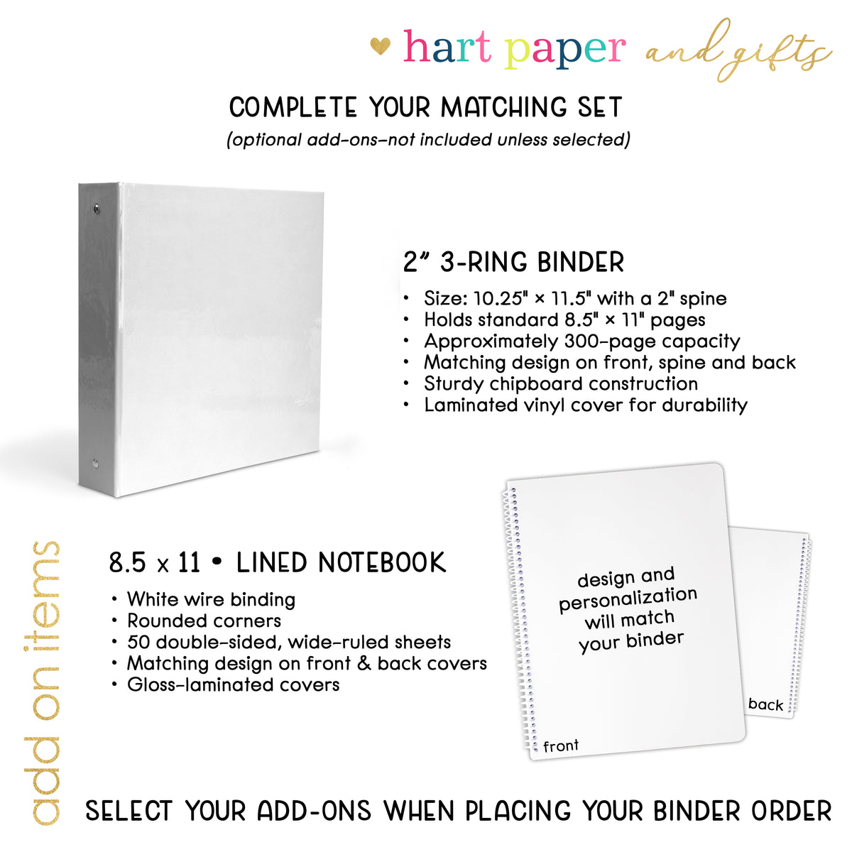 The image is a set of items, including a 2" 3-ring binder and a lined notebook, with a description of their features and a note about selecting add-ons when placing a binder order.