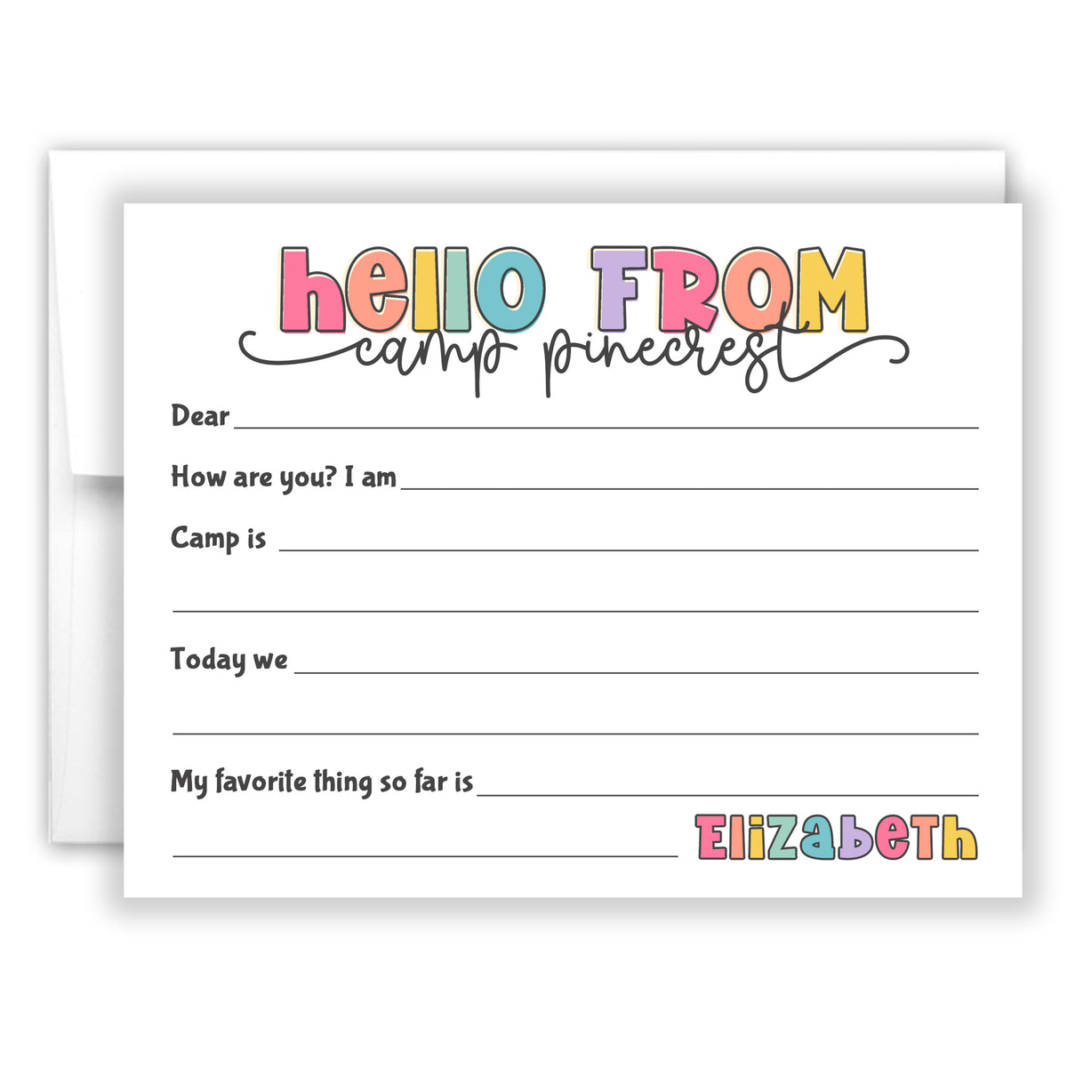 Rainbow Hello from Camp Summer Camping Note Cards Stationery • Fill in Blank, Lined or Blank Cards