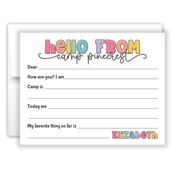 Rainbow Hello from Camp Summer Camping Note Cards Stationery • Fill in Blank, Lined or Blank Cards