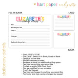 Rainbow Camp News Summer Camping Note Cards Stationery • Fill in Blank, Lined or Blank Cards