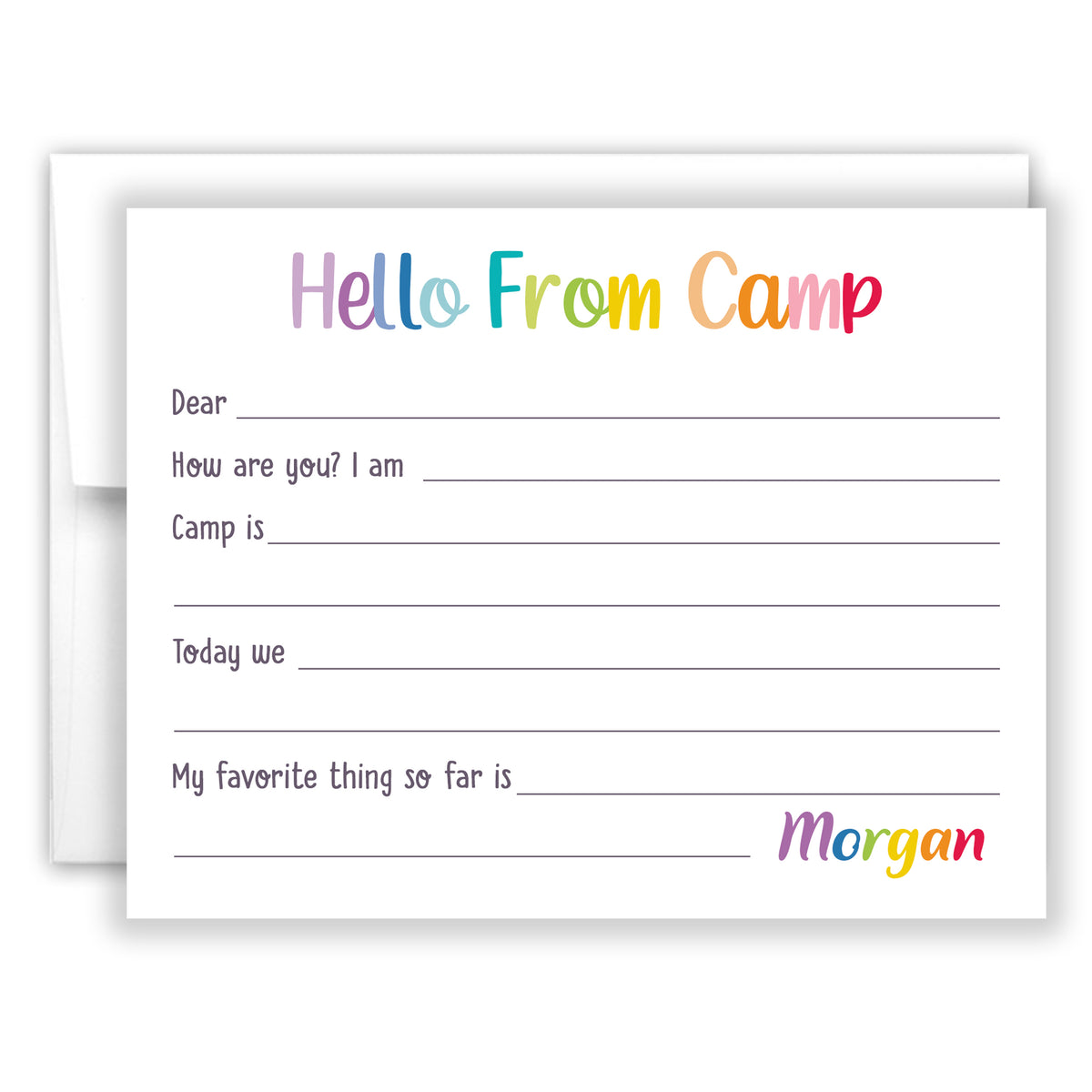 Rainbow Hello from Camp Summer Camping Note Cards Stationery • Fill in Blank, Lined or Blank Cards