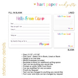 Rainbow Hello from Camp Summer Camping Note Cards Stationery • Fill in Blank, Lined or Blank Cards