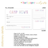 Rainbow Camp News Summer Camping Note Cards Stationery • Fill in Blank, Lined or Blank Cards
