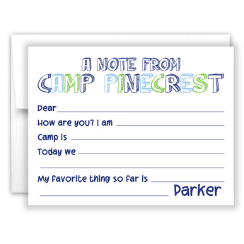 Blue Green A Note from Camp Summer Camping Note Cards Stationery • Fill in Blank, Lined or Blank Cards