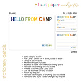 Rainbow Hello from Camp Summer Camping Note Cards Stationery • Fill in Blank, Lined or Blank Cards