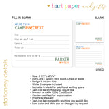Blue Orange Hello from Camp Summer Camping Note Cards Stationery • Fill in Blank, Lined or Blank Cards