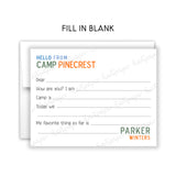 Blue Orange Hello from Camp Summer Camping Note Cards Stationery • Fill in Blank, Lined or Blank Cards