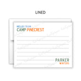 Blue Orange Hello from Camp Summer Camping Note Cards Stationery • Fill in Blank, Lined or Blank Cards