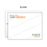 Blue Orange Hello from Camp Summer Camping Note Cards Stationery • Fill in Blank, Lined or Blank Cards