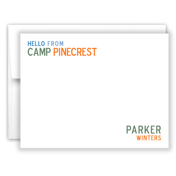 Blue Orange Hello from Camp Summer Camping Note Cards Stationery • Fill in Blank, Lined or Blank Cards