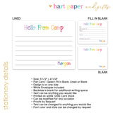 Rainbow Hello from Camp Summer Camping Note Cards Stationery • Fill in Blank, Lined or Blank Cards