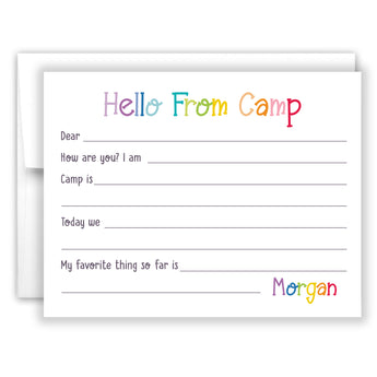 Rainbow Hello from Camp Summer Camping Note Cards Stationery • Fill in Blank, Lined or Blank Cards