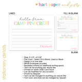 Rainbow Hello from Camp Summer Camping Note Cards Stationery • Fill in Blank, Lined or Blank Cards