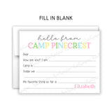 Rainbow Hello from Camp Summer Camping Note Cards Stationery • Fill in Blank, Lined or Blank Cards