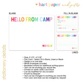 Rainbow Hello from Camp Summer Camping Note Cards Stationery • Fill in Blank, Lined or Blank Cards