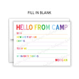 Rainbow Hello from Camp Summer Camping Note Cards Stationery • Fill in Blank, Lined or Blank Cards