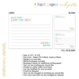 Rainbow Hello from Camp Summer Camping Note Cards Stationery • Fill in Blank, Lined or Blank Cards