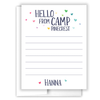 Rainbow Hearts Hello from Camp Summer Camping Note Cards Stationery • Fill in Blank, Lined or Blank Cards