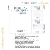 Rainbow Hearts Hello from Camp Summer Camping Note Cards Stationery • Fill in Blank, Lined or Blank Cards