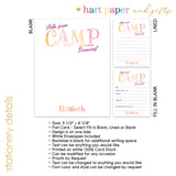 Rainbow Hello from Camp Summer Camping Note Cards Stationery • Fill in Blank, Lined or Blank Cards