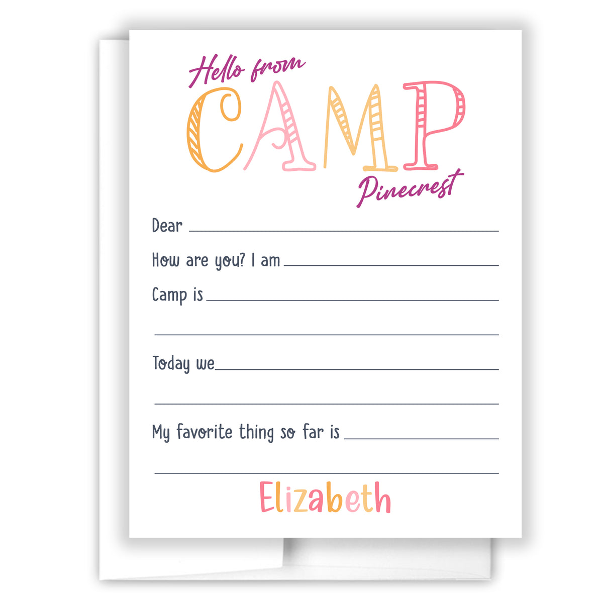 Rainbow Hello from Camp Summer Camping Note Cards Stationery • Fill in Blank, Lined or Blank Cards