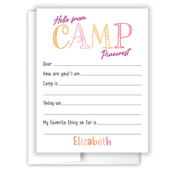 Rainbow Hello from Camp Summer Camping Note Cards Stationery • Fill in Blank, Lined or Blank Cards