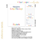 Rainbow Hello from Camp Summer Camping Note Cards Stationery • Fill in Blank, Lined or Blank Cards