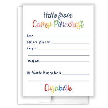 Rainbow Hello from Camp Summer Camping Note Cards Stationery • Fill in Blank, Lined or Blank Cards