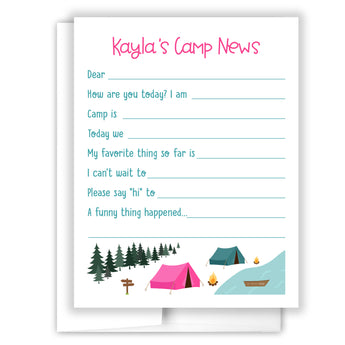 Pink Tent Summer Camp Camping Note Cards Stationery • Fill in Blank, Lined or Blank Cards