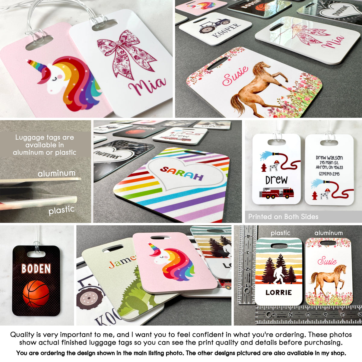 The image is a collage of various personalized luggage tags, each featuring unique designs such as a unicorn, a horse, and other whimsical illustrations. The tags are made of different materials like plastic, aluminum, and printed on both sides, showcasing the variety of options available for customers. The collage also includes a description of the importance of quality and confidence in the purchasing process, as well as a note about the availability of additional designs in the shop.