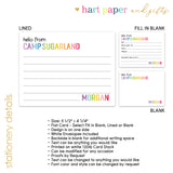 Rainbow Hello from Camp Summer Camping Note Cards Stationery • Fill in Blank, Lined or Blank Cards