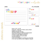 Rainbow Hello from Camp Summer Camping Note Cards Stationery • Fill in Blank, Lined or Blank Cards