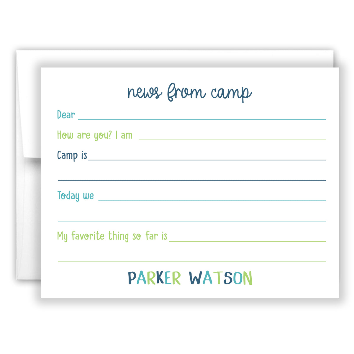 Rainbow News from Camp Summer Camping Note Cards Stationery Custom Personalized • Fill in Blank, Lined or Blank Cards